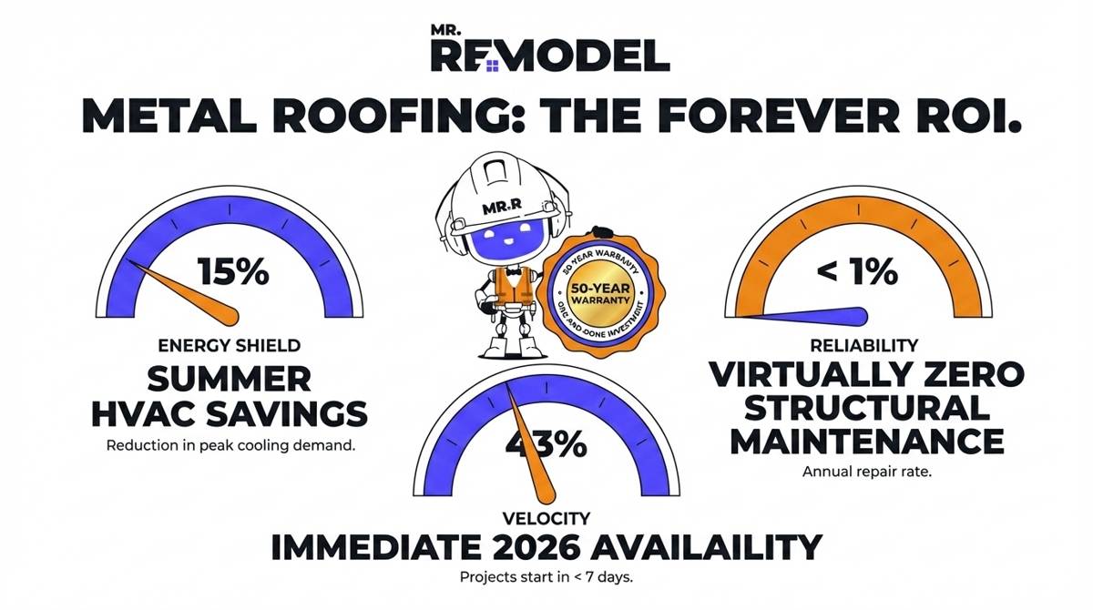 A 2026 metal roofing performance summary dashboard showing a 15% reduction in cooling costs, a less than 1% repair rate, and 50-year structural durability.